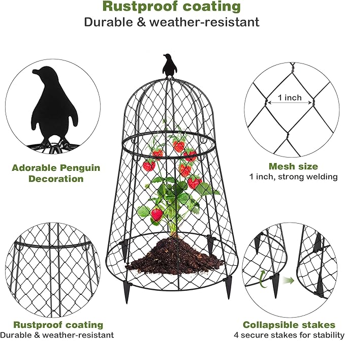 (6 Packs) 13" D x 20" H Garden Cloches for Plants, Rustproof Plant Cloche and Cover, Large Wire Plant Protectors from Animals, Split-Design Metal Plant Cloche with Collapsible Stakes, Black