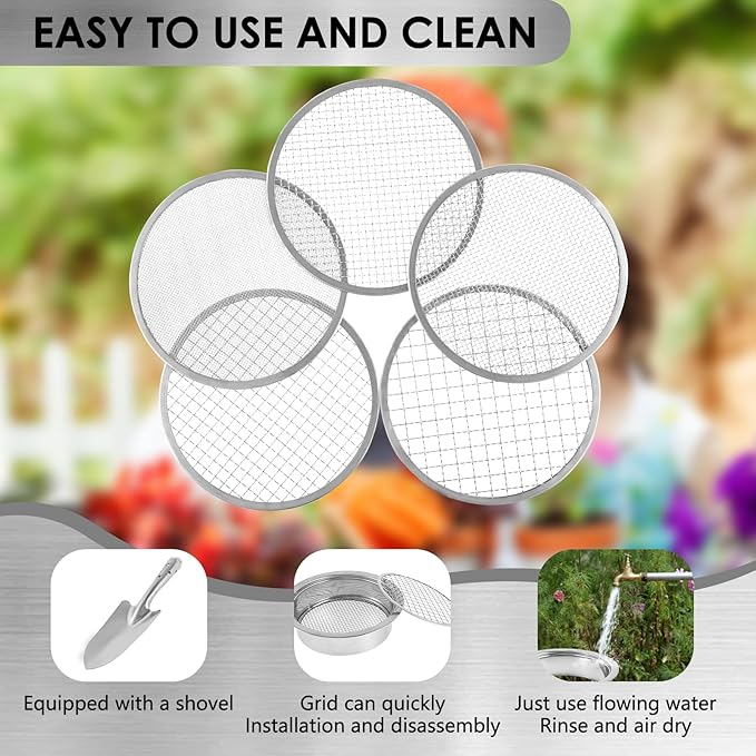 Soil Sieve Set with 5 Interchangeable Meshes Sizes 1/3/6/9/12mm, Stainless Steel Riddle Sieve Pan with Shovel 24cm Garden Potting Soil Sifter for Gardening Dirt Sand Soil Rocks