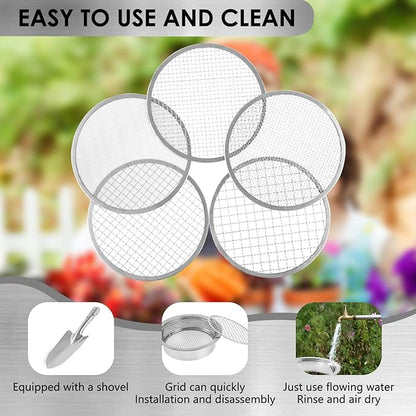 Soil Sieve Set with 5 Interchangeable Meshes Sizes 1/3/6/9/12mm, Stainless Steel Riddle Sieve Pan with Shovel 24cm Garden Potting Soil Sifter for Gardening Dirt Sand Soil Rocks