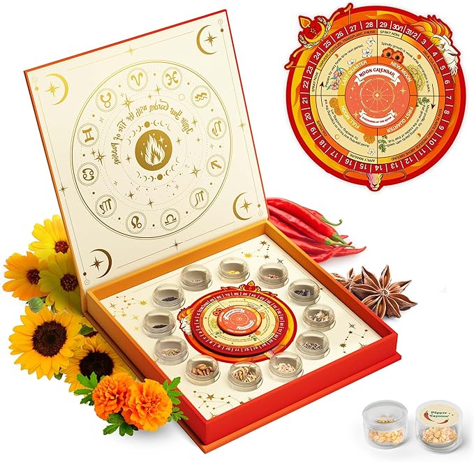 Lush&Dew Zodiac Garden Seed Bank, Gardening Gifts for Women Men, 12 Varieties Non-GMO Heirloom Vegetables Flower Seeds, Witchcraft Supplies with Moon Calendar for Fire Signs, USDA Zone 3-11
