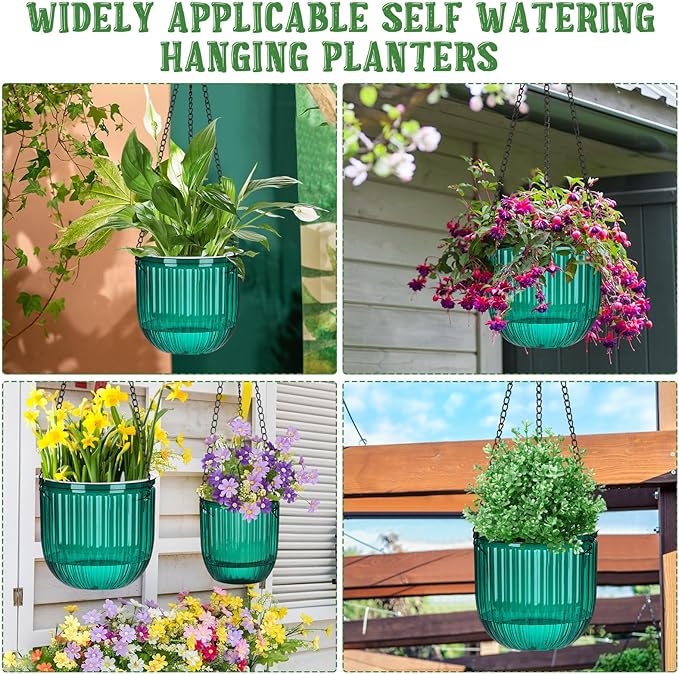 Maxcheck 4 Pcs Self Watering Hanging Planters Indoor Gift 6.5'' 4.5'' Hanging Flower Pots Baskets Outdoor Self Watering Plant with 3hooks Drainage Holes for Home(Emerald)