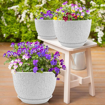 12/10/9 inch Plant Pots, 3 Pack Flower Pots for Outdoor Indoor Garden Plants, Large Planters with Multi Mesh Drainage Holes and Saucer (Speckled White, 12"+10"+9")