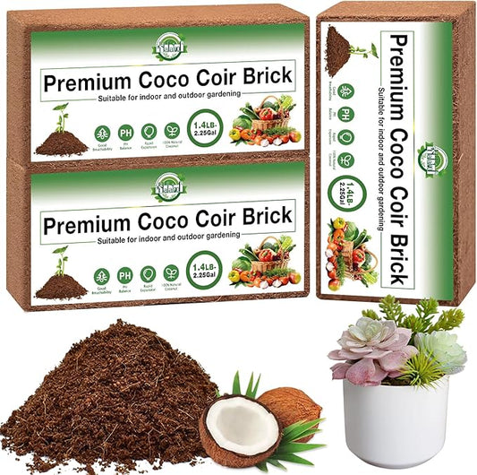 Halatool 3 Pcs Organic Coconut Coir Bricks for Plants, Compressed Coco Peat Coir Brick Coconut Fiber Substrate with Low EC & pH Balance, High Expansion Coconut Seed Starter Soil for Planting Flowers