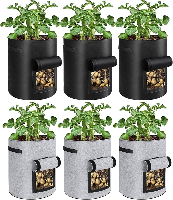 6 Pack Potato Grow Bags, 10 Gallon Planting Bags Large Fabric Pots with Flap Window Vegetable Planter Garden Pot Tall Potato Growing Containers with Handles for Vegetables, Fruits, Black + Grey