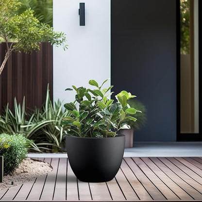 Kante 14.2 Inch Round Concrete Planter - Classic Large Indoor/Outdoor Plant Pot with Drainage Hole and Rubber Plug, Suitable for Gardens and Patios, Black