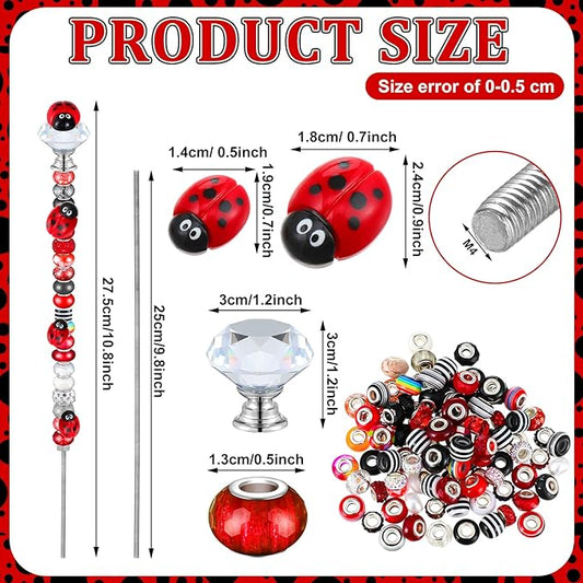 Tigeen 236 Pcs Garden Stake DIY Fairy Wand Plant Stake with 12 Colorful Crystal Stopper Top 12 Threaded Rod with 200 Large Hole Bead for Spring Summer Holiday Outdoor Decorations(Ladybug)
