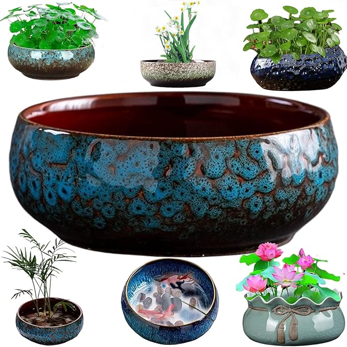 Lotus Bowl Planter, Decorative Ceramic Plant Pots with Moisture-Multifunctional Design, Succulents Orchids Indoor Plants, Thickened Round Planter for Home Desk & Shelf Decor