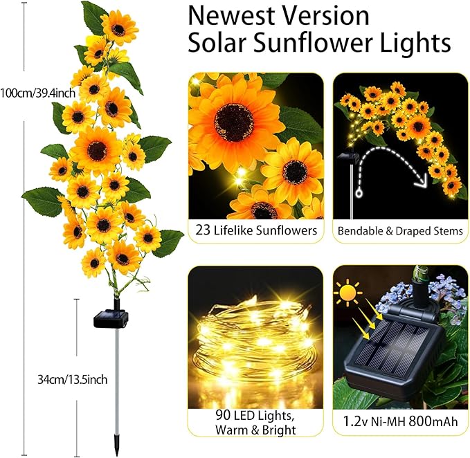 Solar Sunflower Lights Outdoor, 4 Pack with 92 Lifelike Petals, Waterproof 360 Bright LED Fall Decor for Garden, Patio, Flowerbed, Yard - Gift for Mom