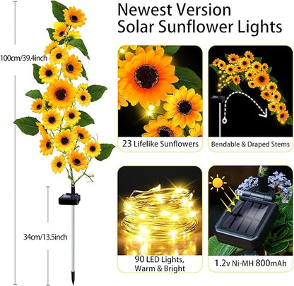 Solar Sunflower Lights Outdoor, 4 Pack with 92 Lifelike Petals, Waterproof 360 Bright LED Fall Decor for Garden, Patio, Flowerbed, Yard - Gift for Mom