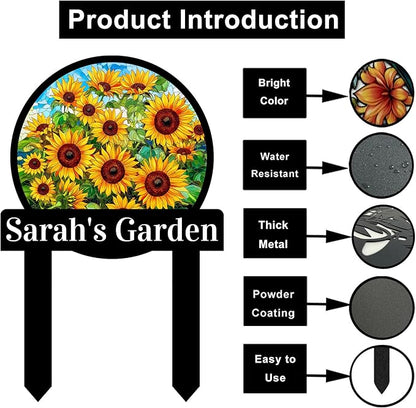 Personalized Sunflower Garden Sign with Stake, Custom Sunflower Garden Stake Plaque Metal Yard Sign, Customized Colorful Sunflower Patio Lawn Outdoor Decor Name Sign for Mom Grandma