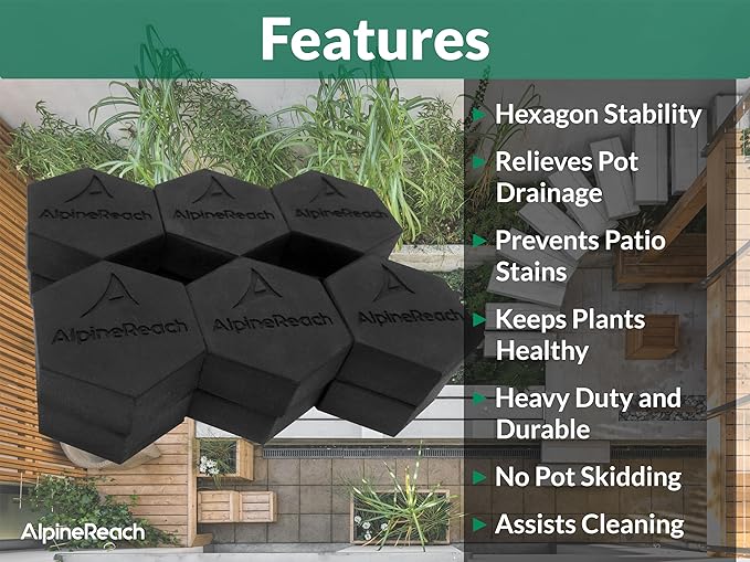 AlpineReach Extra Heavy Duty Pot Feet Risers 12 Pack Hexagons & Adhesive Pads - Protect Healthy Plants - Strong Invisible Supports Small Large Flower Planters Stability - Outdoor Lifter Toes Elevator