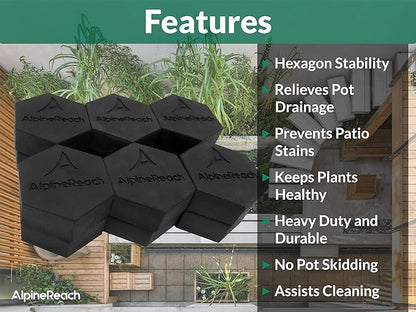 AlpineReach Extra Heavy Duty Pot Feet Risers 20 Pack Hexagons & Adhesive Pads - Protect Healthy Plants - Strong Invisible Supports Small Large Flower Planters Stability - Outdoor Lifter Toes Elevator