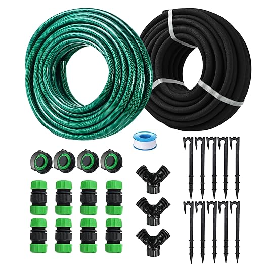 Customizable Soaker Hose System, 1/2inch 75ft Rubber Hose with 50ft PVC Garden Hose, Drip Irrigation Watering Hose with Reinforced Fittings for Flowers Bed Foundation, Lawn, Vegetable, Tree