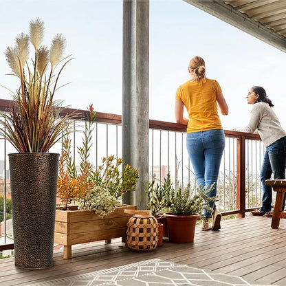 Worth 2 Pack 25" Tall Narrow Metal Planter with Inside Pot for Indoors or Outdoors, Deck, Patio or Front Porch, Hand-Hammered Texture, Bronze