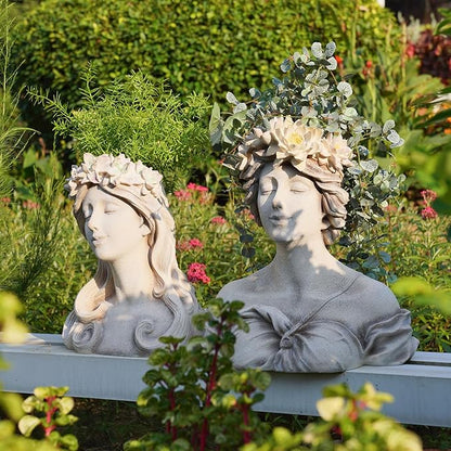 Head Planter Face Flower Pot - Lily Pond Goddess Planter 9 Inch Garden Resin Face Planter with Drainage Hole Plants Pot for Indoor and Outdoor Plant Closed Eyes 15 * 9 * 16 Inch
