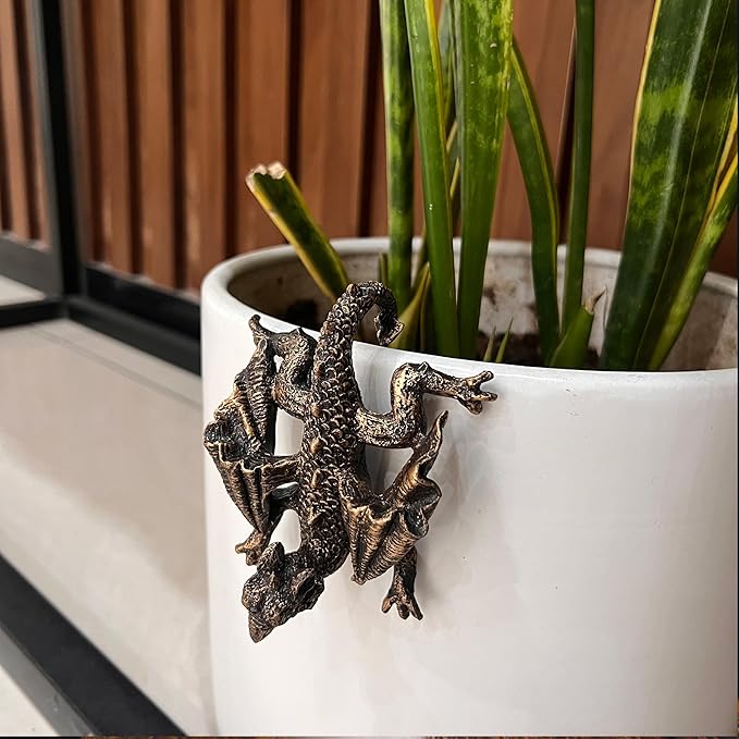 Dragon Planter Pot Flower 4.3'' x 3.82'' Climbing Animal Figurine, Resin Statue and Decorative Sculpture for Vase, Plant Hanger, Garden Outdoor Stone Decor, Patio Lawn Yard Ornaments (Antique Bronze)