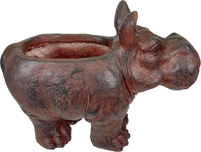 Zeckos Charming Brown Hippo MGO Planter with Drain Hole, 17 inches - Durable Weatherproof Magnesium Oxide for Garden or Patio Decor - Whimsical Animal Theme Planter, Perfect for Indoor/Outdoor Use