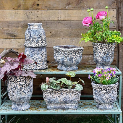 Sungmor 6.5 Inch Cement Plant Pot for Plants, Succulent Planter with Embossed Design, Vintage Concrete Flowerpots with Drainage Hole, Decorative Orchid Houseplant Pot Indoor Outdoor Plant Container