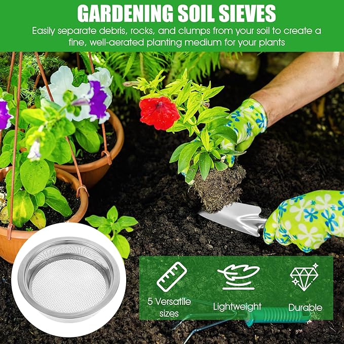 Soil Sieve Set Garden Soil Sifter Stainless Steel Mesh Sifter, 5 Sieve Set for Gardening with 8" Diameter 1/3/6/9/12mm Interchangeable Meshes, Includes Shovel for Potting, Planting