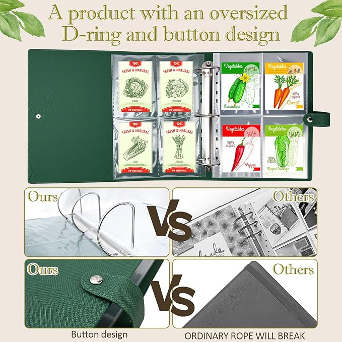 Seed Storage Organizer Binder,Seed Packet Organizer with Hang Tab Bag,55 Pack Sheet Sleeves That Can Store 220 Seed Envelopes -50 Seed Saving Envelopes-50 Plant Labels-1 Double Side Pen，11.65×13.8in