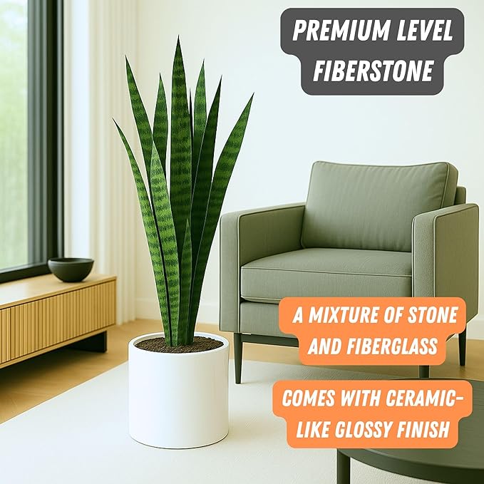 Fox & Fern 10 Inch Plant Pot with Drainage Plug — Premium Lightweight Fiberstone Glossy White Planter - Indoor & Outdoor Planter - 10 Inch Pots for Plants - Weather Resistant & UV Resistant