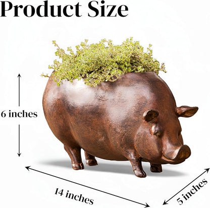 Cape Craftsmen Beautiful Springtime Classic Resin Pig Shaped Statue and Planter Pots for Indoor Plants - 14 x 5 x 6 Inches Small Planter Decoration for Homes, Apartments, Yards and Gardens