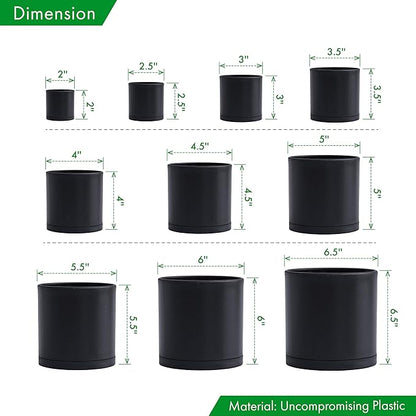 D'vine Dev 10 Pack Plastic Plant Pots for Plants, 6.5/6/5.5/5/4.5/4/3.5/3/2.5/2 Inch Indoor Planters Cylindrical Succulent Pot with Drainage Hole and Saucer, Black, 74-S-B