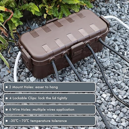 RESTMO Outdoor Electrical Box, IP54 Weatherproof Extension Cord Cover with 6 Cable Entry Ports, Waterproof Connection Box Protect Power Strip, Timer, Plug, Holiday Lights, (11.5x5.2x4 inch), Brown