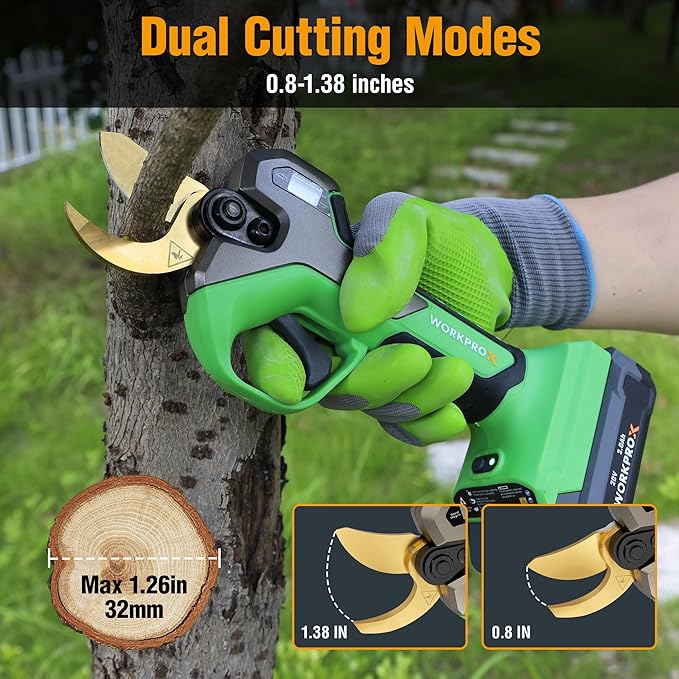 WORKPROX 20V Electric Pruning Shears, 1.26" Cutting Diameter, Brushless Motor, SK5 Titanium-Coated Blades, 2Ah Battery Pruning Shears with LCD Display