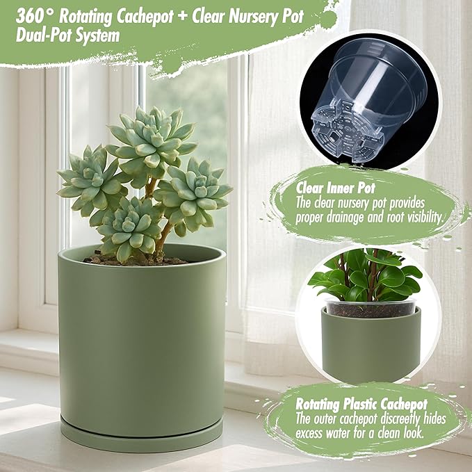 D'vine Dev Double-Layer Planter Set – Rotating Plastic Cachepot with Clear Inner Liner for Root Health, Perfect for Indoor Plants, 6.5", Olive, 73-U-C-2