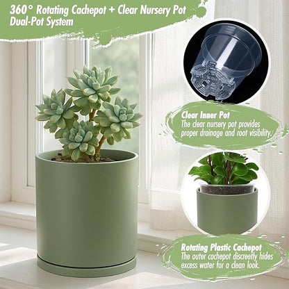 D'vine Dev Double-Layer Planter Set – Rotating Plastic Cachepot with Clear Inner Liner for Root Health, Perfect for Indoor Plants, 6.5", Olive, 73-U-C-2