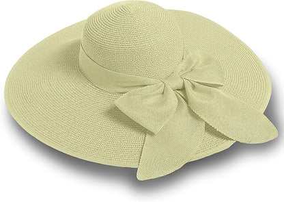Women's Wide Brim UPF 50+ Straw Sun Hat with Bow - Foldable Packable Summer Beach Hat with Chin Strap