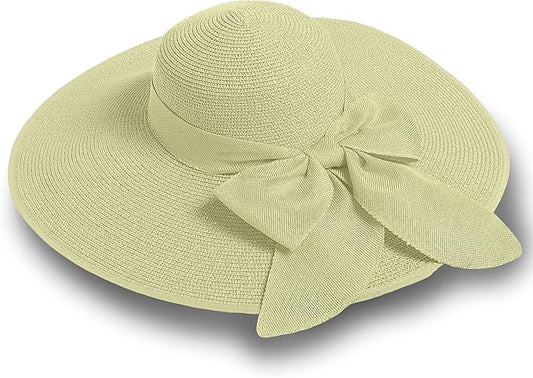 Women's Wide Brim UPF 50+ Straw Sun Hat with Bow - Foldable Packable Summer Beach Hat with Chin Strap