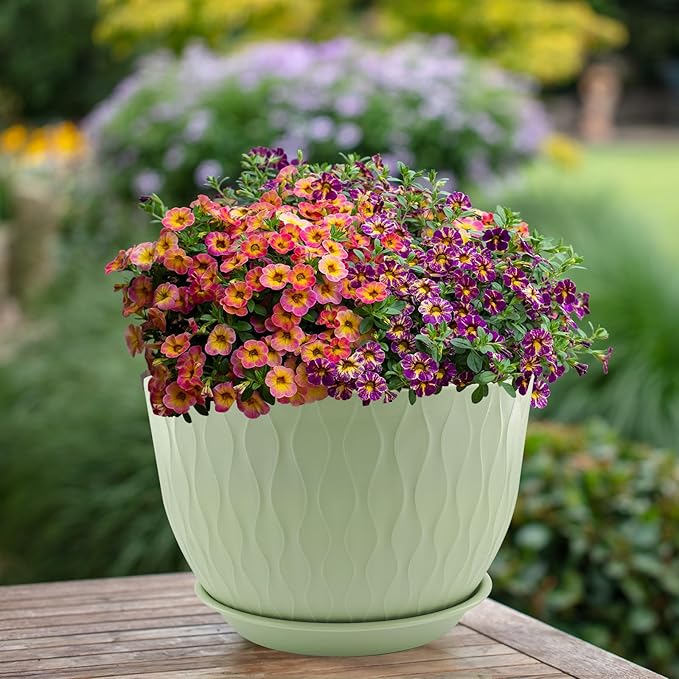 12/10/9 inch Plant Pots, 3 Pack Flower Pots for Outdoor Indoor Garden Plants, Large Planters with Multi Mesh Drainage Holes and Saucer (Green, 12"+10"+9")