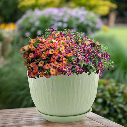 12/10/9 inch Plant Pots, 3 Pack Flower Pots for Outdoor Indoor Garden Plants, Large Planters with Multi Mesh Drainage Holes and Saucer (Green, 12"+10"+9")