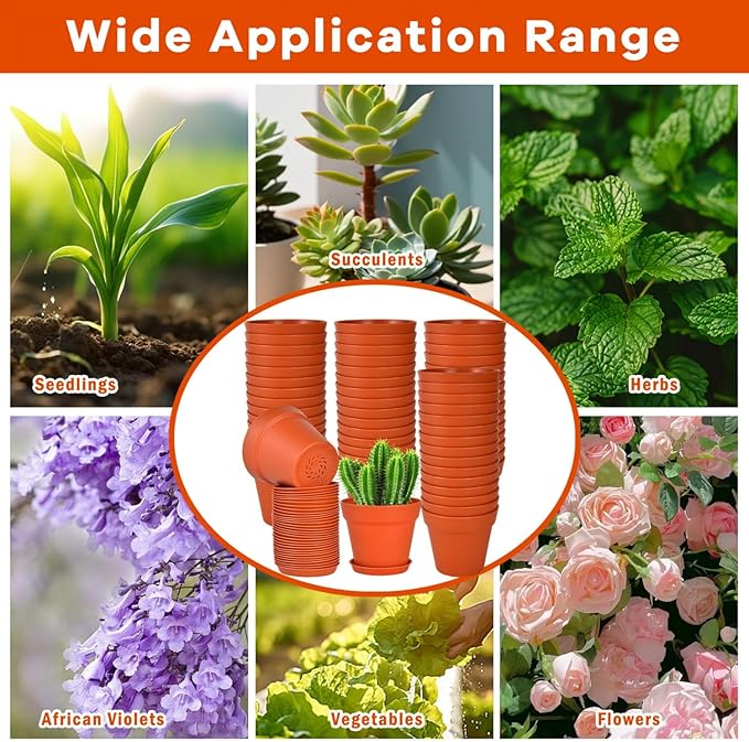 June Fox 60 Pack Small Plant Pots Indoor 4 Inch Plastic Planter with Drainage Holes and Saucers Premium Terracotta Pots Bulk for Succulent, African Violets, Flowers, Seed Starting