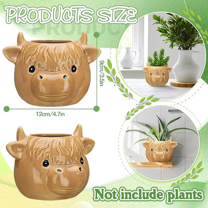 Sieral 2 Pcs Highland Cow Succulent Pots with Drainage Cute Animal Ceramic Planter Pots Plants Holder Cow Shaped Cactus Flower Container for Home Display and Office Desk Decoration