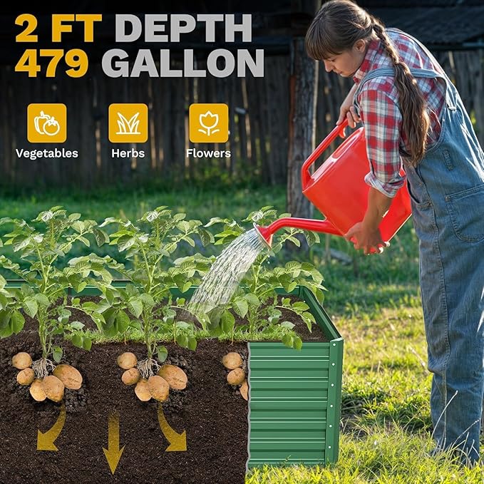DWVO 8 x 4 x 2 FT Raised Garden Bed Kit, Outdoor Galvanized Flower Bed with Safety Rubber and Gloves, Large Metal Planter Box for Vegetables, Flowers, Herbs, Fruits, Green
