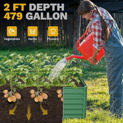 DWVO 8 x 4 x 2 FT Raised Garden Bed Kit, Outdoor Galvanized Flower Bed with Safety Rubber and Gloves, Large Metal Planter Box for Vegetables, Flowers, Herbs, Fruits, Green
