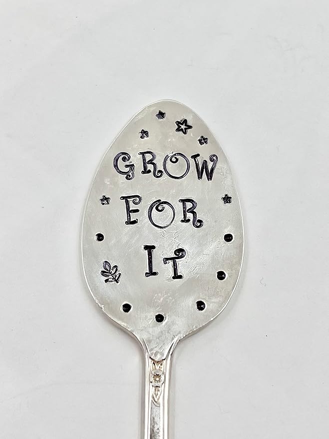 Garden Marker, Plant Stake GROW FOR IT, silver plate recycled stamped Spoon, Stick in your Flower pots Herbs or Plants