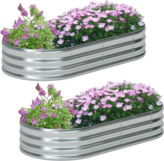 zizin 2 Pack Oval Galvanized Raised Garden Bed Kit 6x3x1ft Large Metal Planter Box for Outdoor Vegetables, Silver
