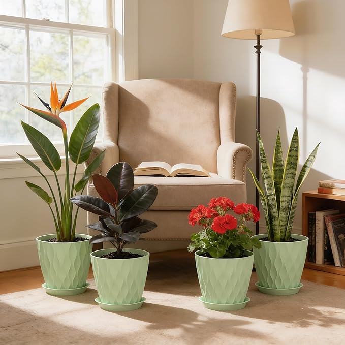 8 Inch Plant Pots, 4 Pack Plastic Planters for Indoor Outdoor with Drainage Holes & Saucers, Waffle Texture Flower Pots for Indoor Plants, Indoor Plant Pots for Monstera, Fiddle Leaf Fig, Green