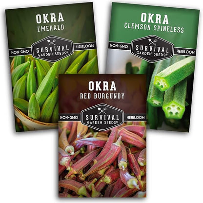 Survival Garden Seeds Okra Seed Collection for Planting – 3 Packets – Grow Clemson Spineless, Emerald & Red Burgundy Okra Plants in Your Home Vegetable Garden – Non-GMO Heirloom Variety Seeds