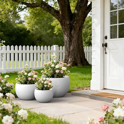 Kante 19.9",15.7",11.8" Dia Round Concrete Planter Set of 3, Outdoor/Indoor Large Bowl Plant Pots with Drainage Hole and Rubber Plug for Garden Patio Balcony Home, Pure White