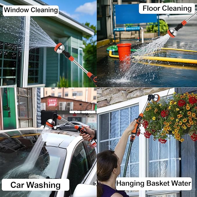 17.5" Multi-Pattern Watering Wand with Thumb Control & 180° Rotating Nozzle | 8 Spray Modes for High-Pressure Cleaning, Pet Bathing, Gardens, Hanging Baskets | Fits Standard Garden Hoses