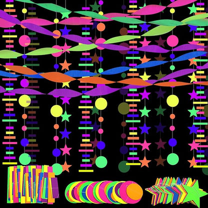 700ft Neon Paper Garland Glow in Dark Paper Streamers UV Reactive Round Dot Star Kit Banners for Neon Party Supplies, Wedding Decorations, Birthday Parties