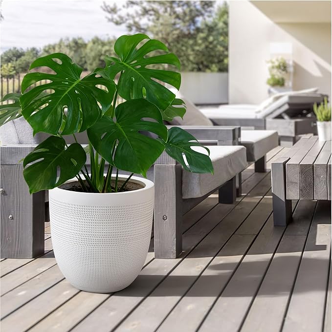 12" Dia Round Planter – White Matte Decorative Flower Pot with Drainage Hole, Lightweight Durable Indoor/Outdoor Plant Container for Home Patio Garden Porch, Modern Minimalist Design