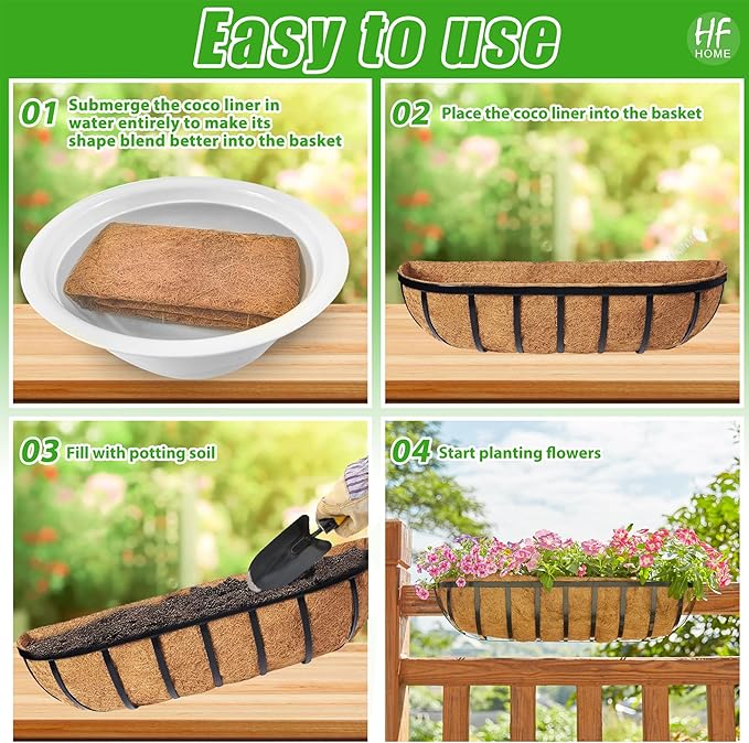 HFHOME 30" Window Box Deck Railing Planter with Horse Trough Coco Liners, Black Metal Hanging Flower Planters Baskets for Indoor, Outdoor, Balcony, Porch, Fence, Patio, and Lawn (Set of 2)