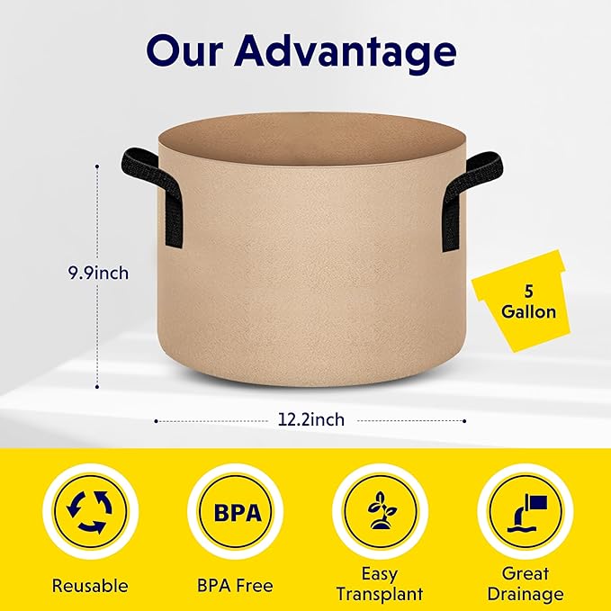 iPower Plant Grow Bags 5 Gallon 10-Pack Tan Heavy Duty Thickened Nonwoven Aeration Fabric Pots Durable Container with Strap Handles, Gardening & Planting Fruit