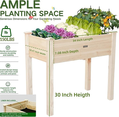 34x18x30in Wooden Raised Garden Bed with Legs,Elevated Reinforced Planter Box with Bed Liner for Backyard/Patio/Gardener,150lb Capacity - Natural